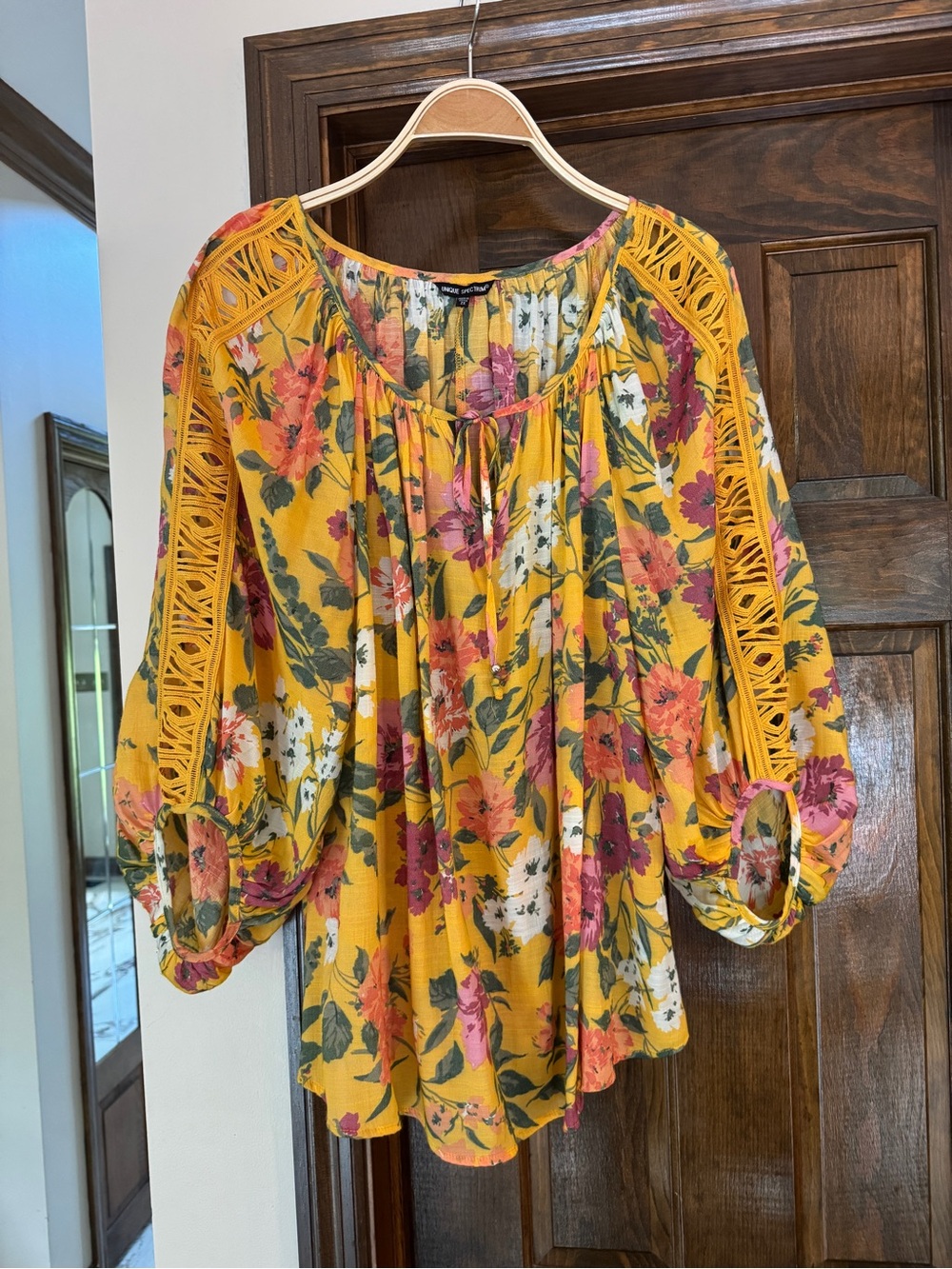 Unique Spectrum Yellow Floral Crochet-Sleeve Peasant Top